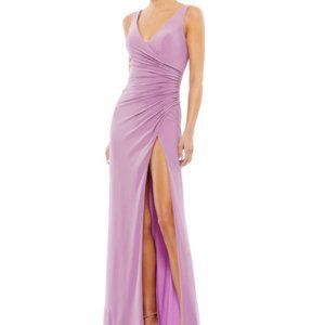 MAC DUGGAL 26513 RUCHED STRETCH JERSEY V-NECK THIGH SLIT LILLAC GOWN sz 0